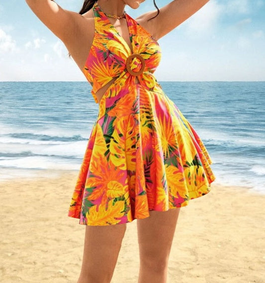 Tropical Print Hanging Neck Dress