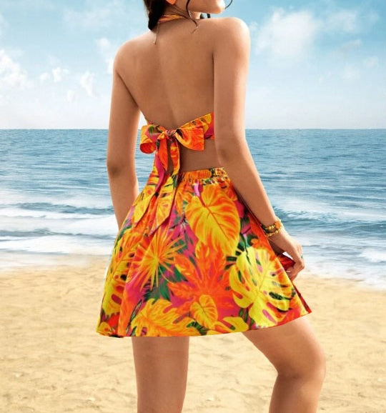 Tropical Print Hanging Neck Dress
